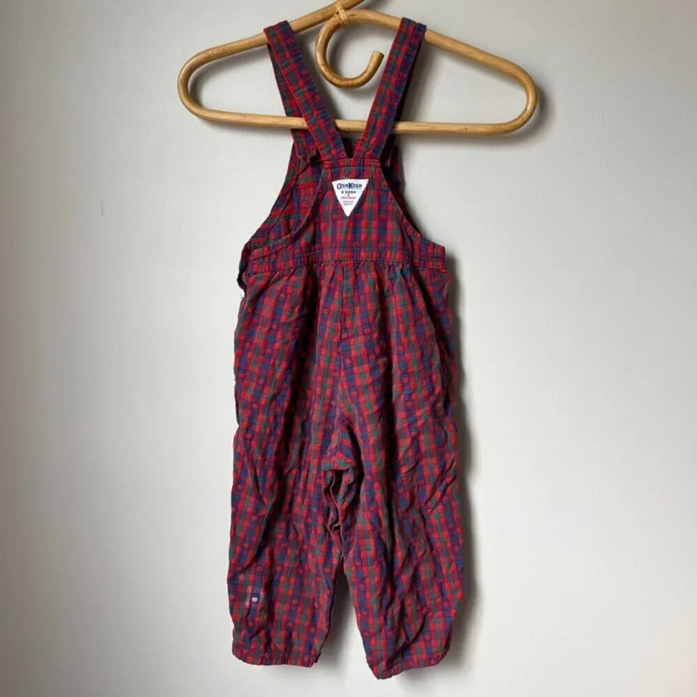 Vintage 1980s OshKosh B'Gosh VestBak Woven Plaid Red Apples Overalls Girls 4T
